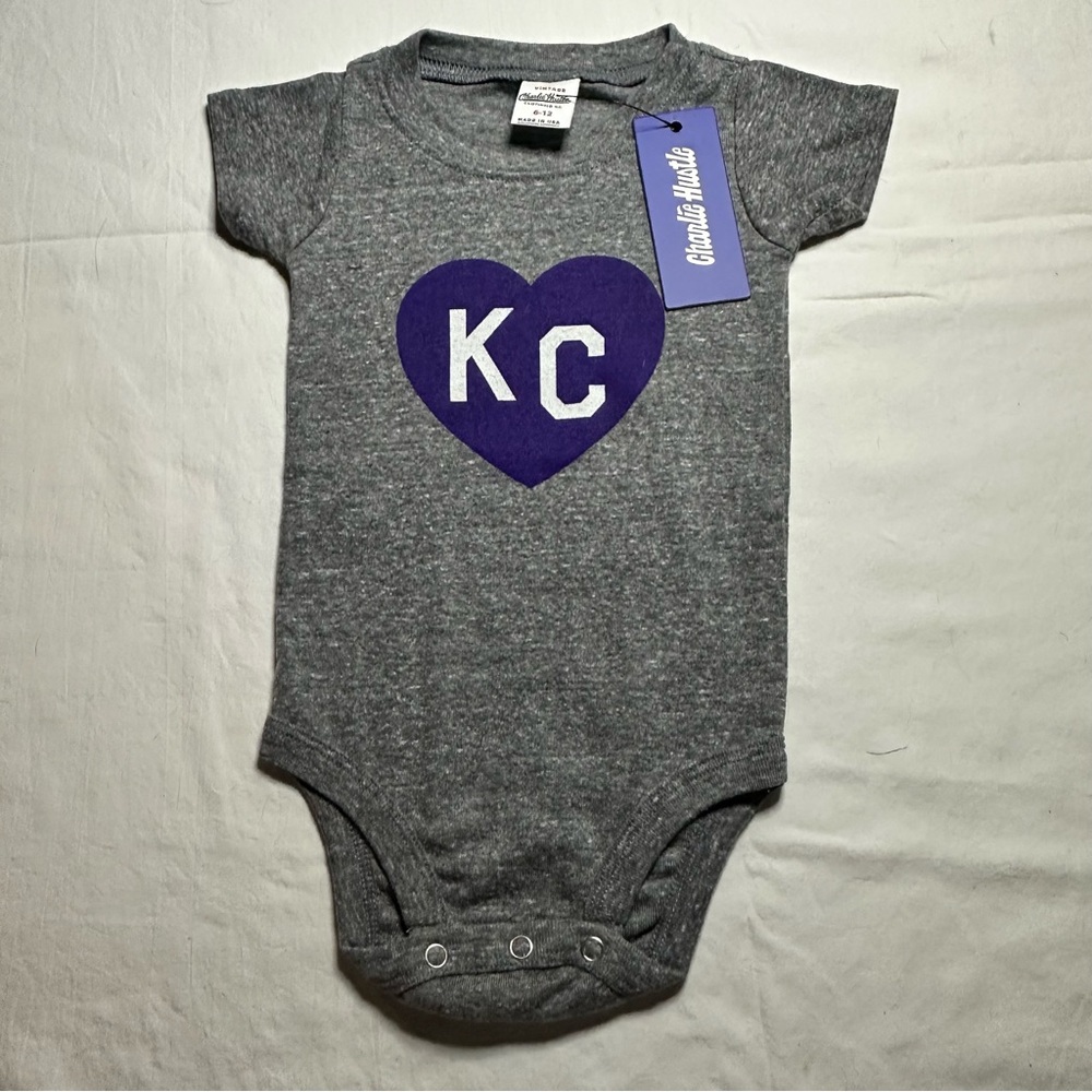 NWT Charlie Hustle Grey & Purple KC Heart Onesie Size 6-12 months.